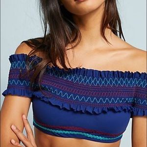 Anthropologie Red Carter Blue Embroidered Ipanema Smocked Off Shoulder Bikini S